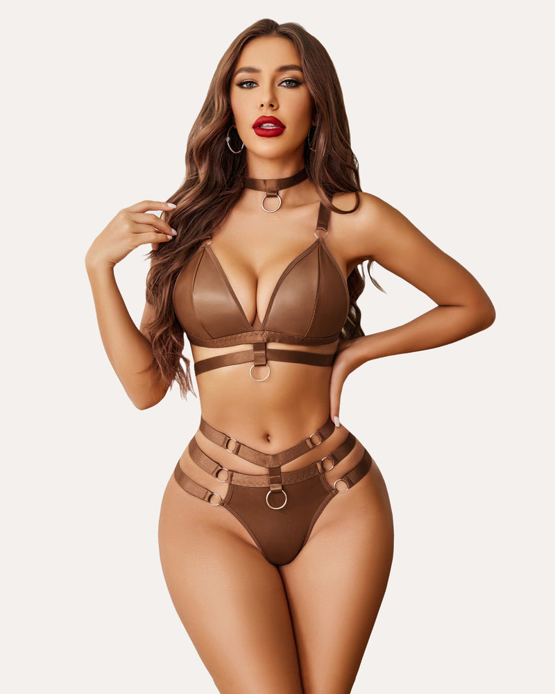 Brown O-Ring cut-out lingerie set. Edgy bra, panty, and choker with O-ring details.