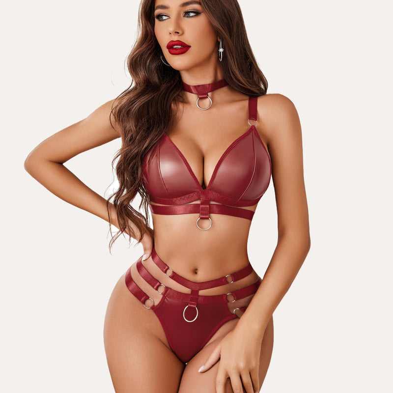 Burgundy O-Ring Cut Out Bra and Panty Set with choker. Edgy lingerie with O-ring details.