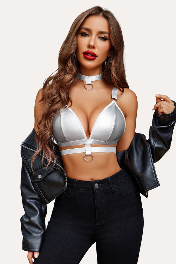 Silver O-Ring Cut Out Lingerie Set: Edgy bra, choker with O-ring details. Confident and stylish.