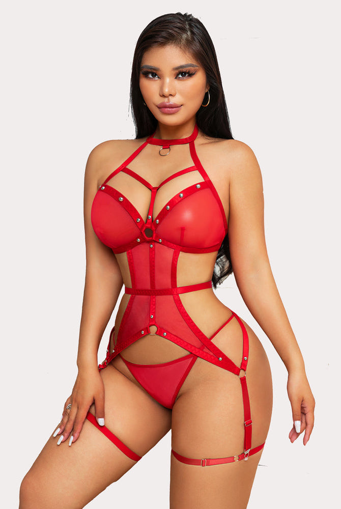 Red mesh cut-out teddy lingerie set with garter belt and ring details. Sexy lingerie for women.