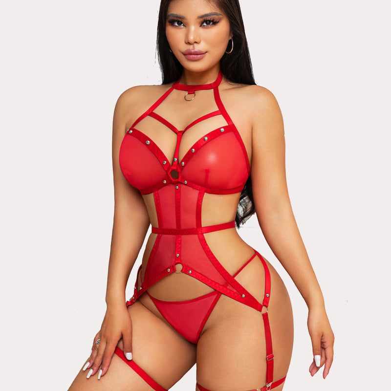 Red mesh cut-out teddy lingerie set with garter belt and ring details. Sexy lingerie for women.