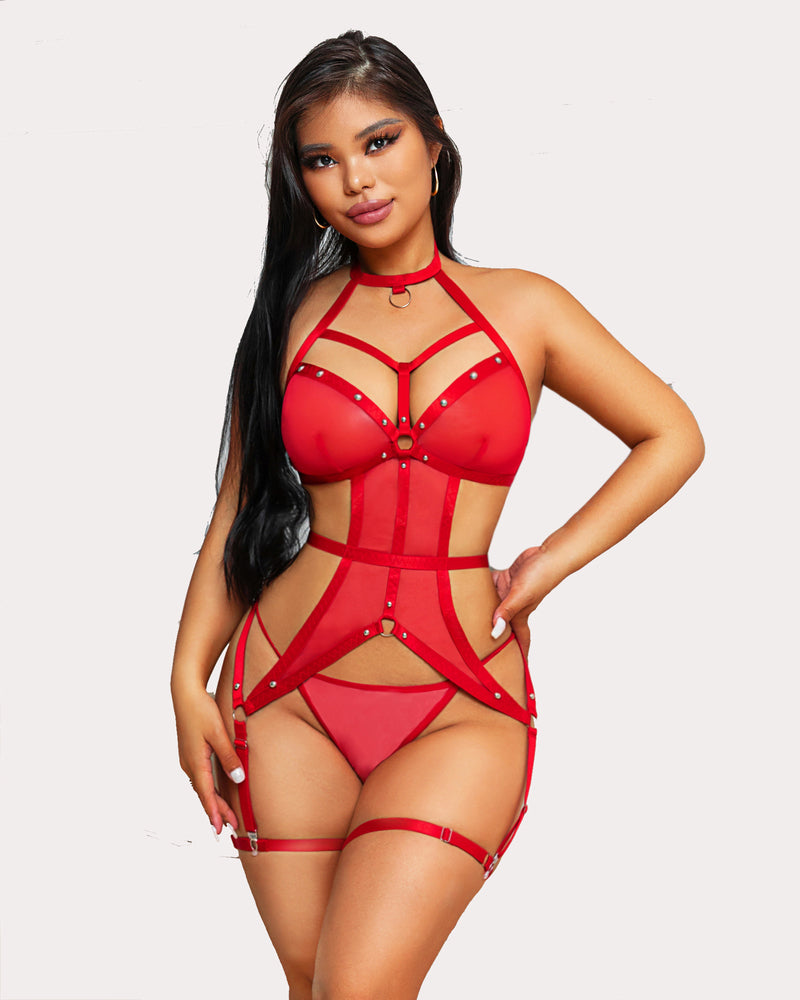 Red mesh cut-out lingerie set with garter belt and ring details. Sexy women's lingerie.