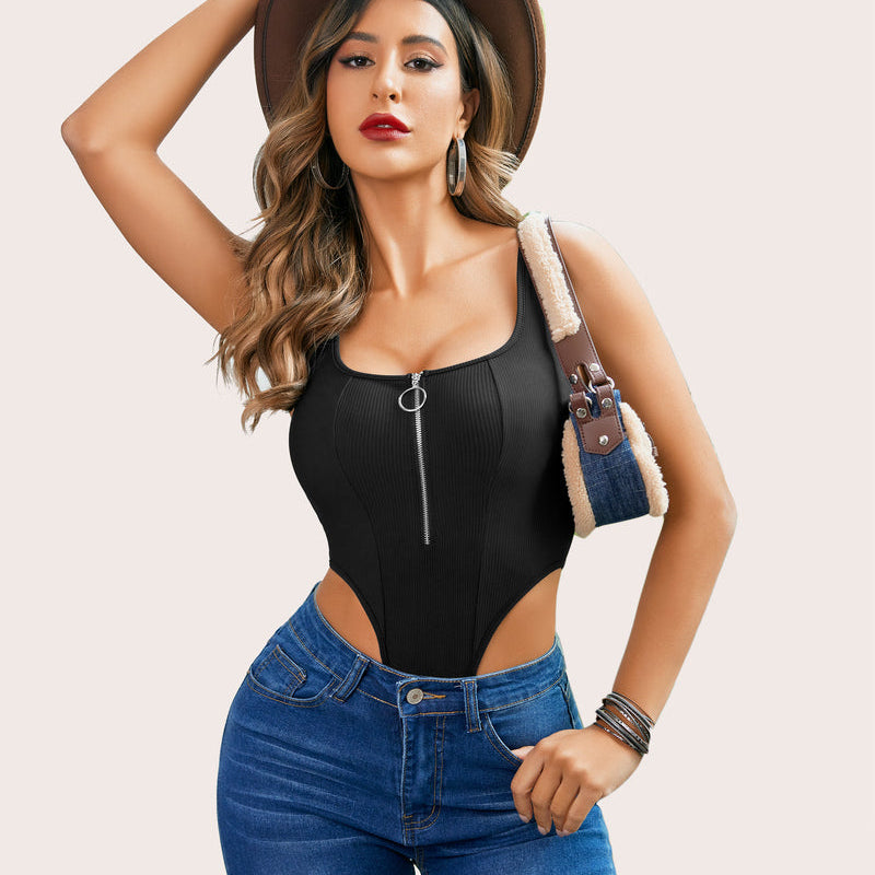 Black ribbed zip-up bodysuit, square neck, high cut, sexy streetwear
