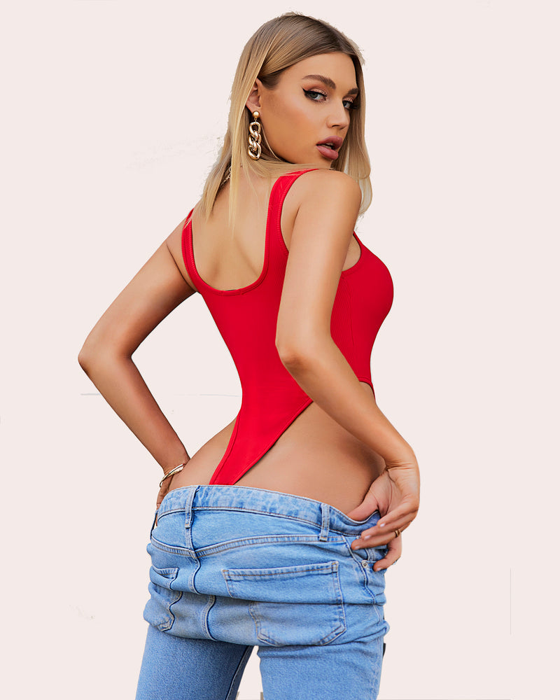 Red ribbed bodysuit, square neck, high cut, paired with jeans. Sexy women's tank top design.