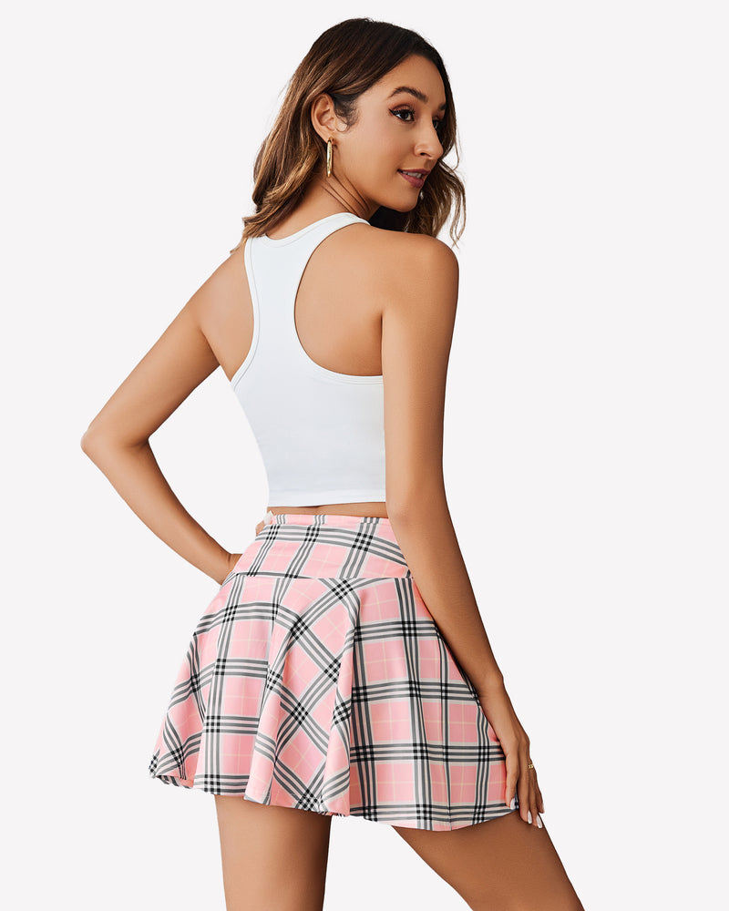 A-line pink plaid mini skirt with white top. High waist summer skirt by Avidlove.