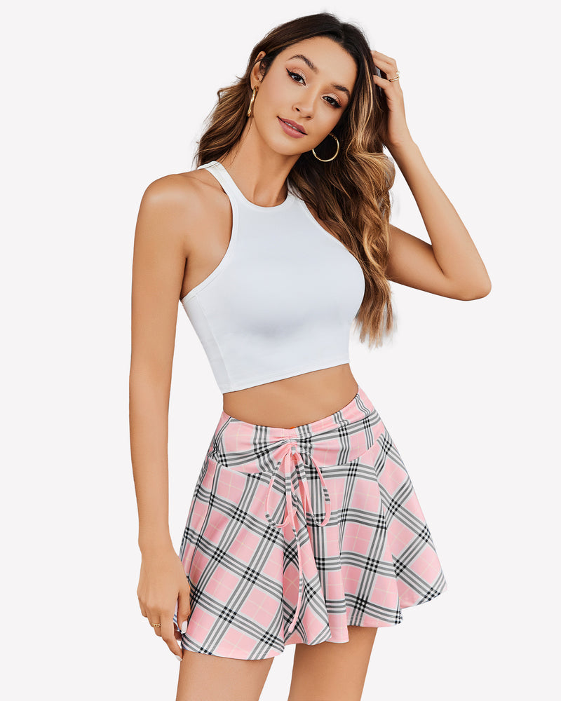 Woman in white crop top and pink plaid A-line mini skirt, drawstring waist, from Avidlove.