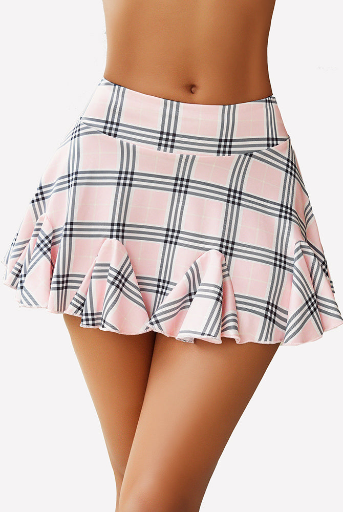 Pink plaid ruffle mini skirt, high-waisted A-line silhouette. Summer skirt for women. Avidlove.