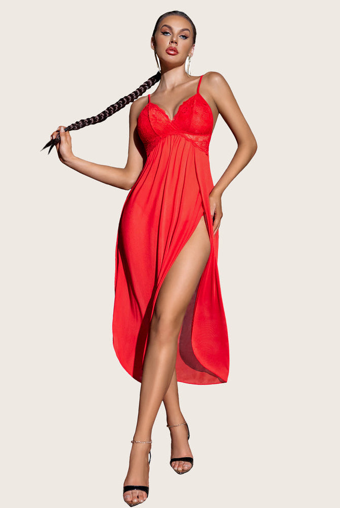 Red mesh nightdress with lace, high slit, and strappy design. Sexy sleepwear for women