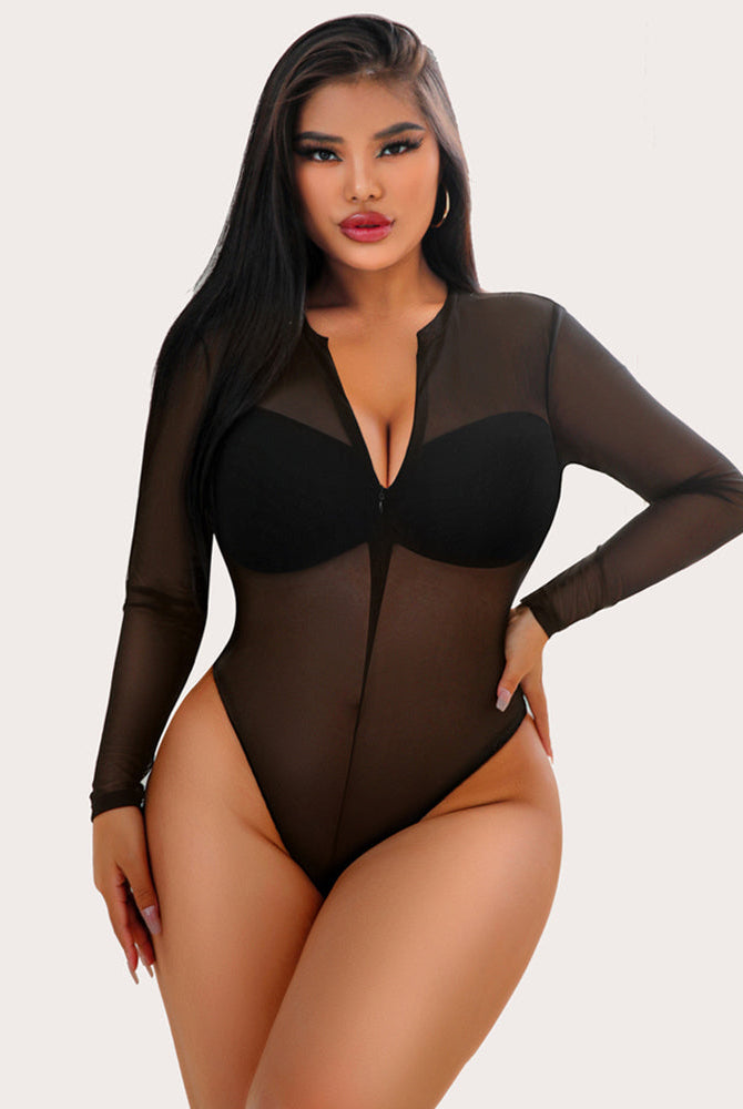 Black mesh bodysuit with zipper, long sleeves, and Snap crotch, elegant and sexy lingerie.