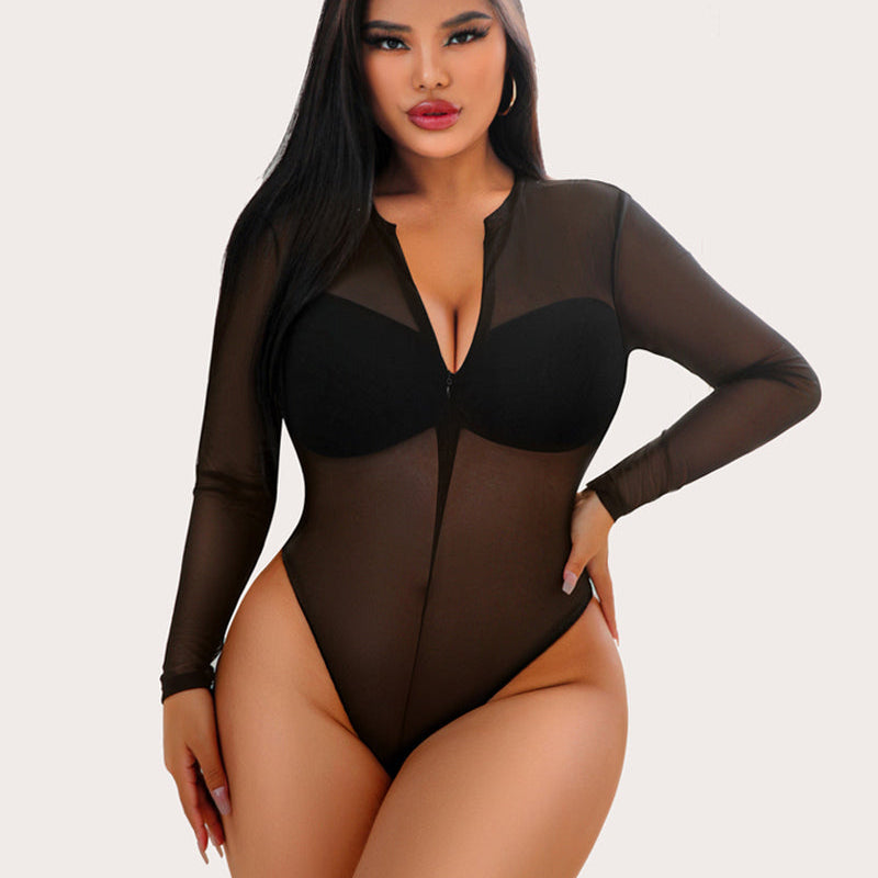 Black sheer mesh bodysuit with zipper front, long sleeves and snap crotch; sexy lingerie for women