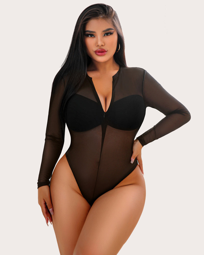 Black sheer mesh bodysuit with zipper front, long sleeves and snap crotch; sexy lingerie for women