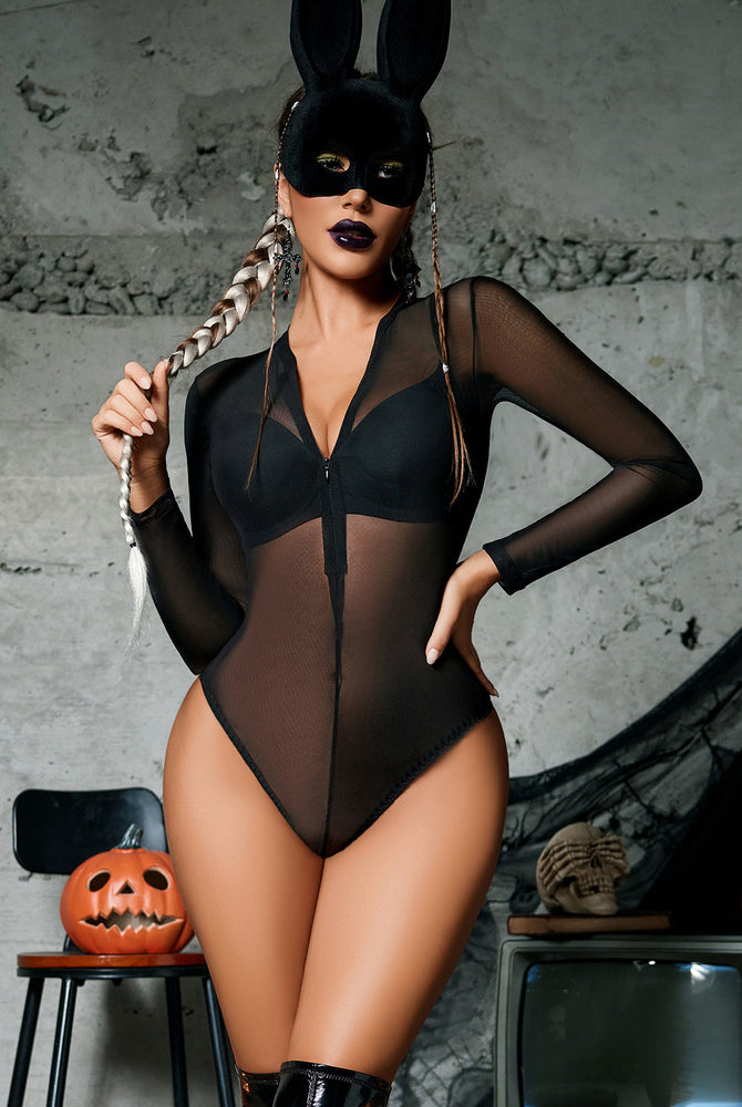Black sheer mesh bodysuit with zipper front, bunny mask and accessories, Halloween lingerie