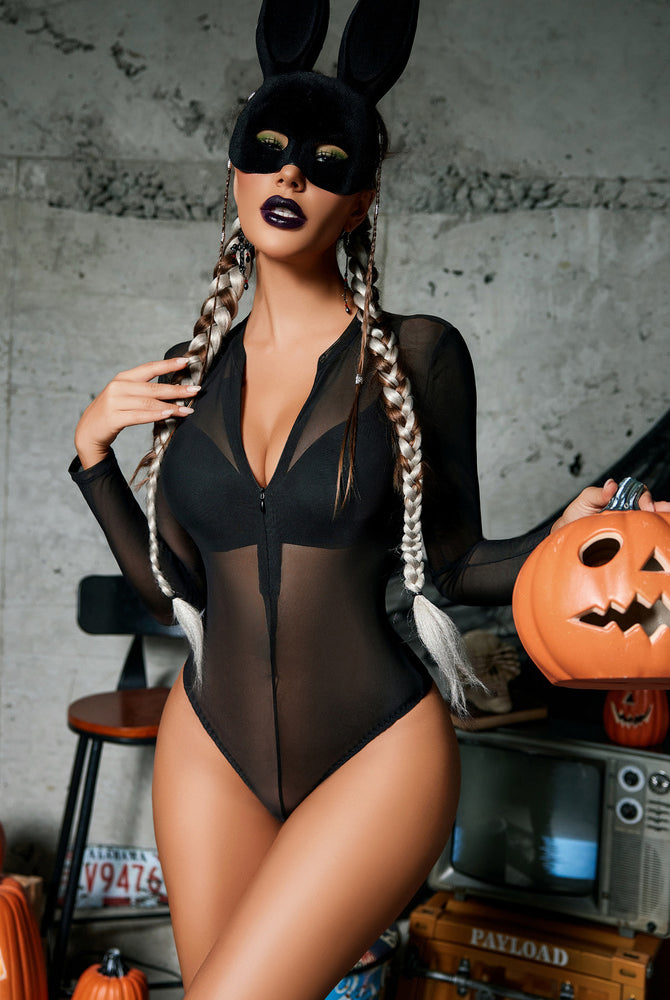 Black sheer mesh bodysuit with zipper, bunny mask, holding pumpkin; sexy Halloween lingerie