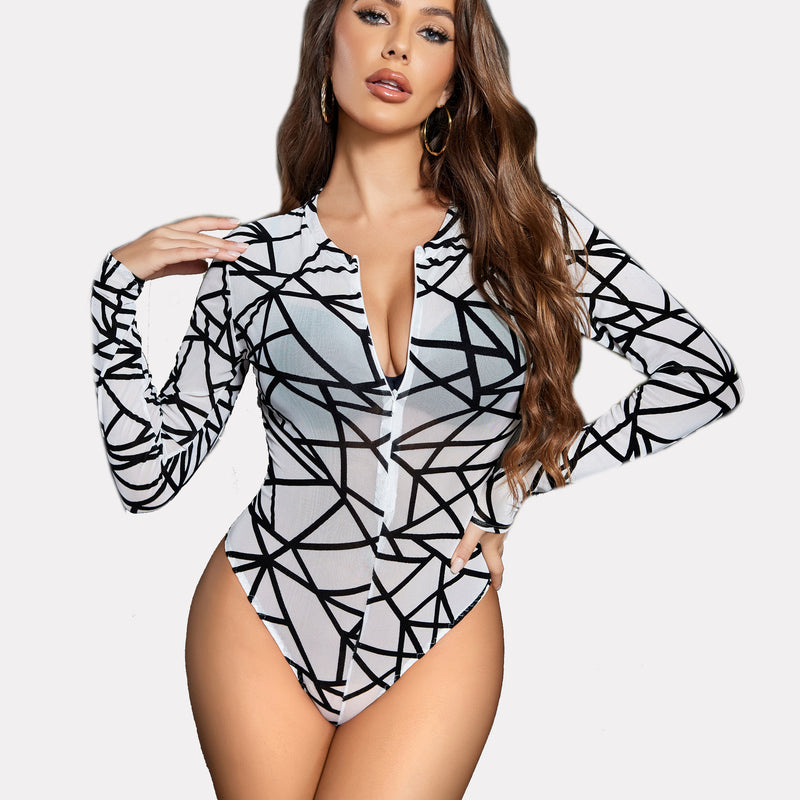 White mesh geometric bodysuit, zipper front. Sexy sheer lingerie for women.