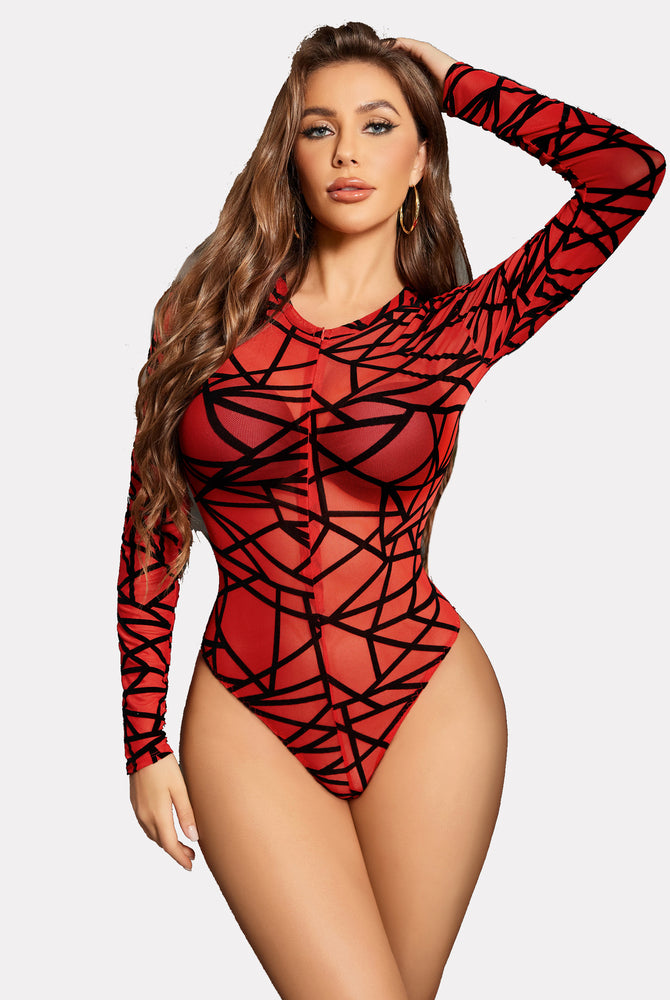 Red geometric mesh bodysuit with long sleeves and zipper front, a sexy lingerie piece from Avidlove