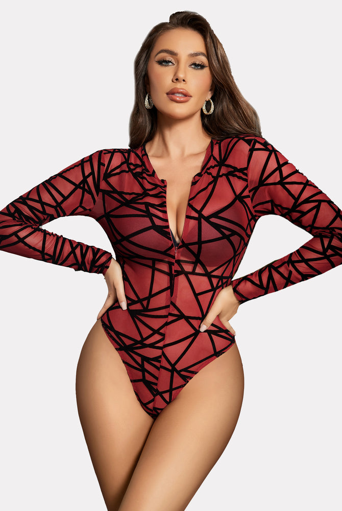 Leopard zipper sheer bodysuit, red mesh bodysuit with geometric design, long sleeve lingerie