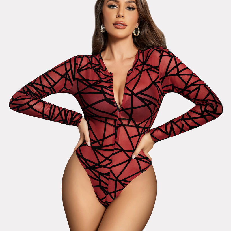 Leopard zipper sheer bodysuit, red mesh bodysuit with geometric design, long sleeve lingerie