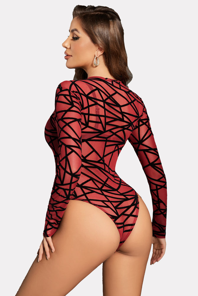 Red geometric mesh bodysuit with long sleeves and zipper front, sexy lingerie from Avidlove
