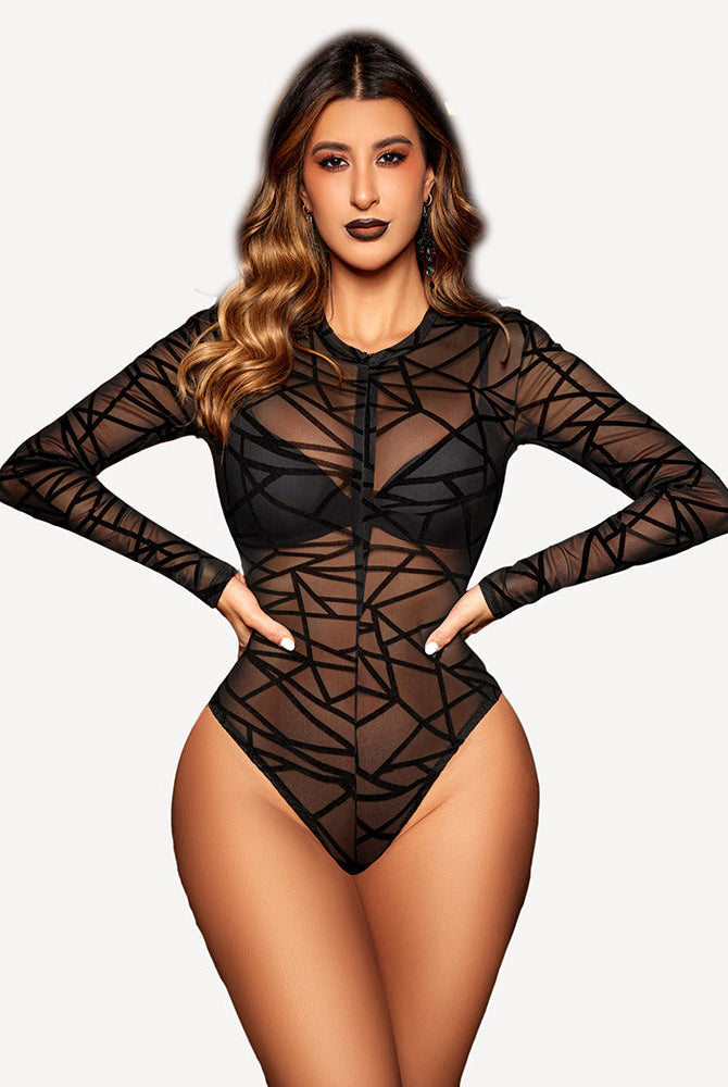 Black mesh bodysuit with zipper and snap crotch, long sleeves, sexy lingerie.