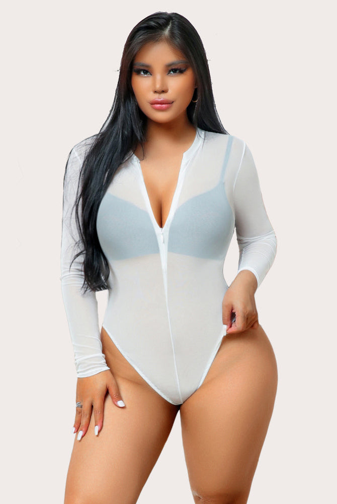 White sheer mesh bodysuit with zipper, long sleeves, and snap crotch, sexy lingerie for women
