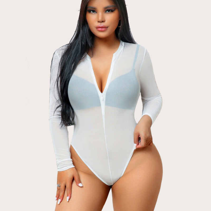 White sheer mesh bodysuit with zipper, long sleeves, and snap crotch, sexy lingerie for women