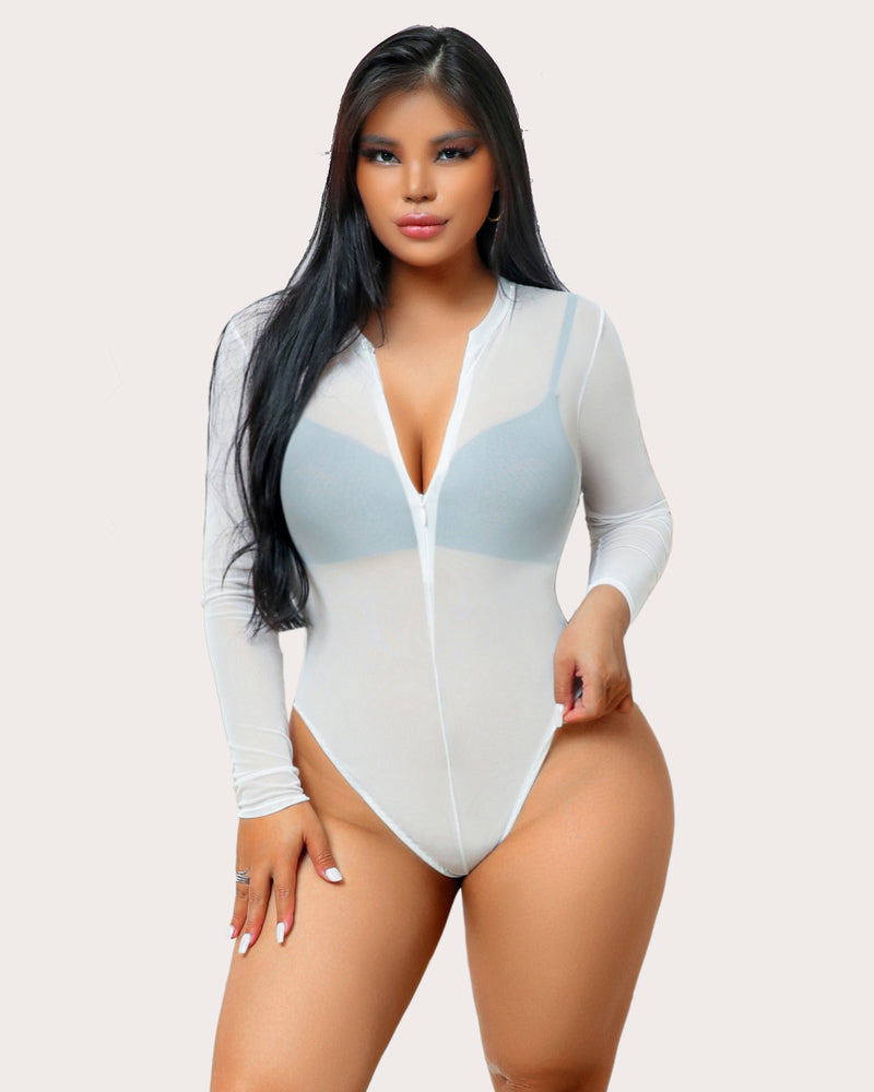 White sheer bodysuit with zipper neckline, long sleeves, and snap crotch; sexy lingerie.