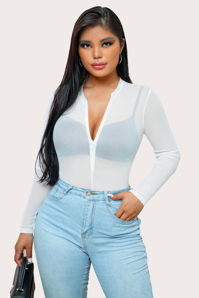 White mesh bodysuit with zipper neck, long sleeves, and snap crotch, a sexy lingerie for women