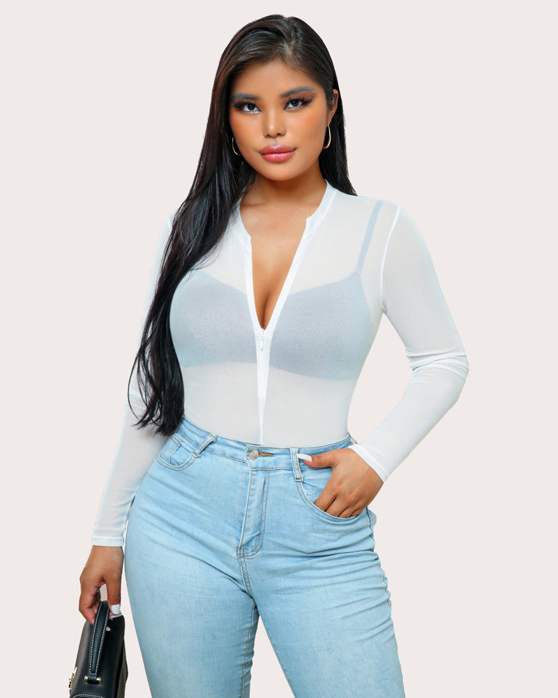 White mesh bodysuit with zipper, long sleeves, paired with jeans. Sexy lingerie for confident women