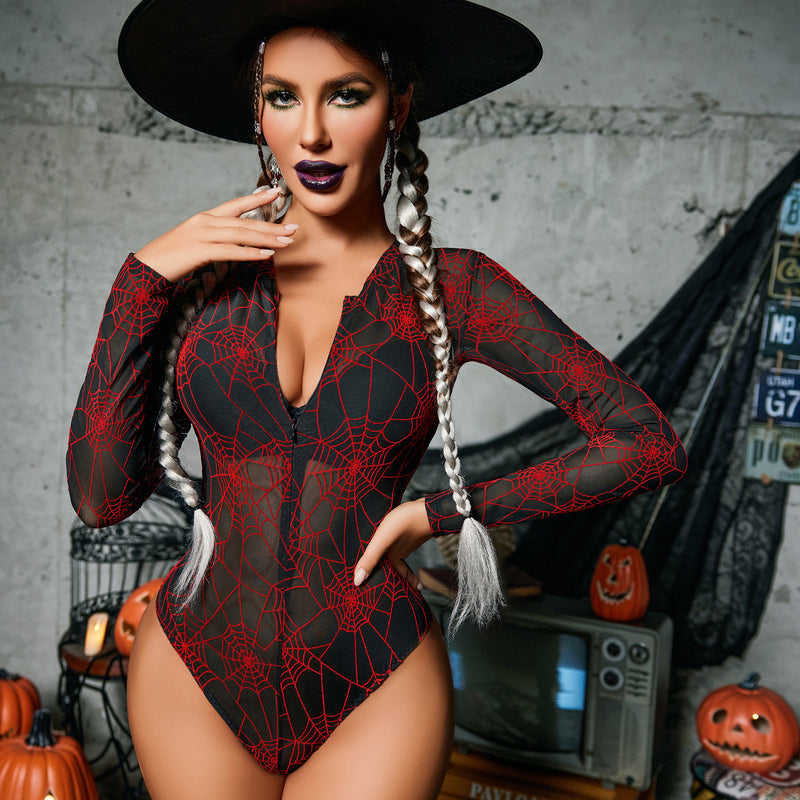 Halloween spiderweb bodysuit, sexy lingerie. Black mesh, witch hat, zipper front, long sleeves