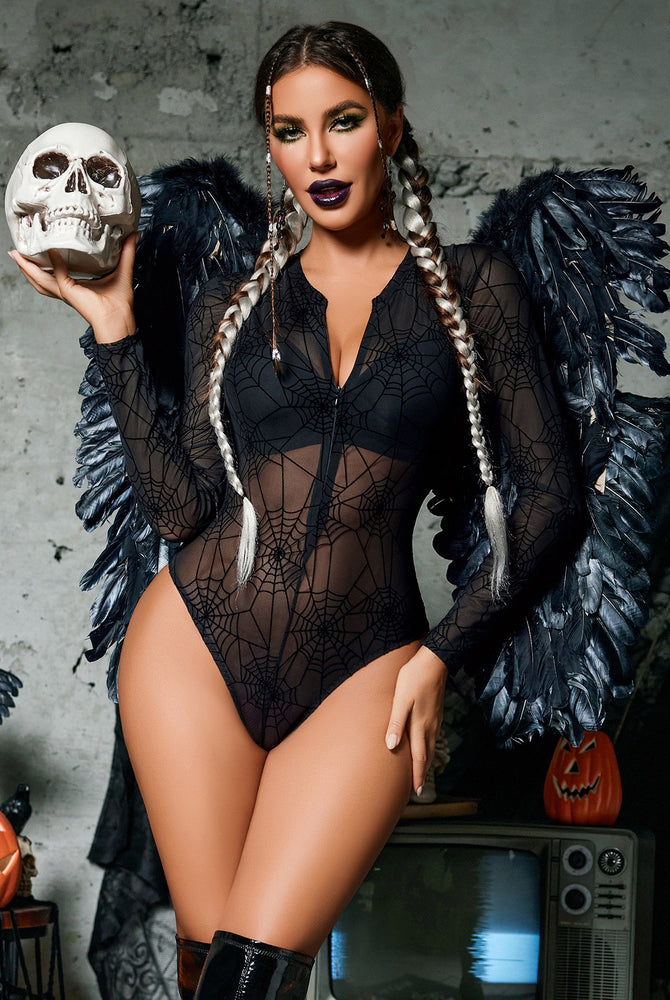 Black spiderweb mesh bodysuit, Halloween lingerie with angel wings and skull. Sexy and charming.