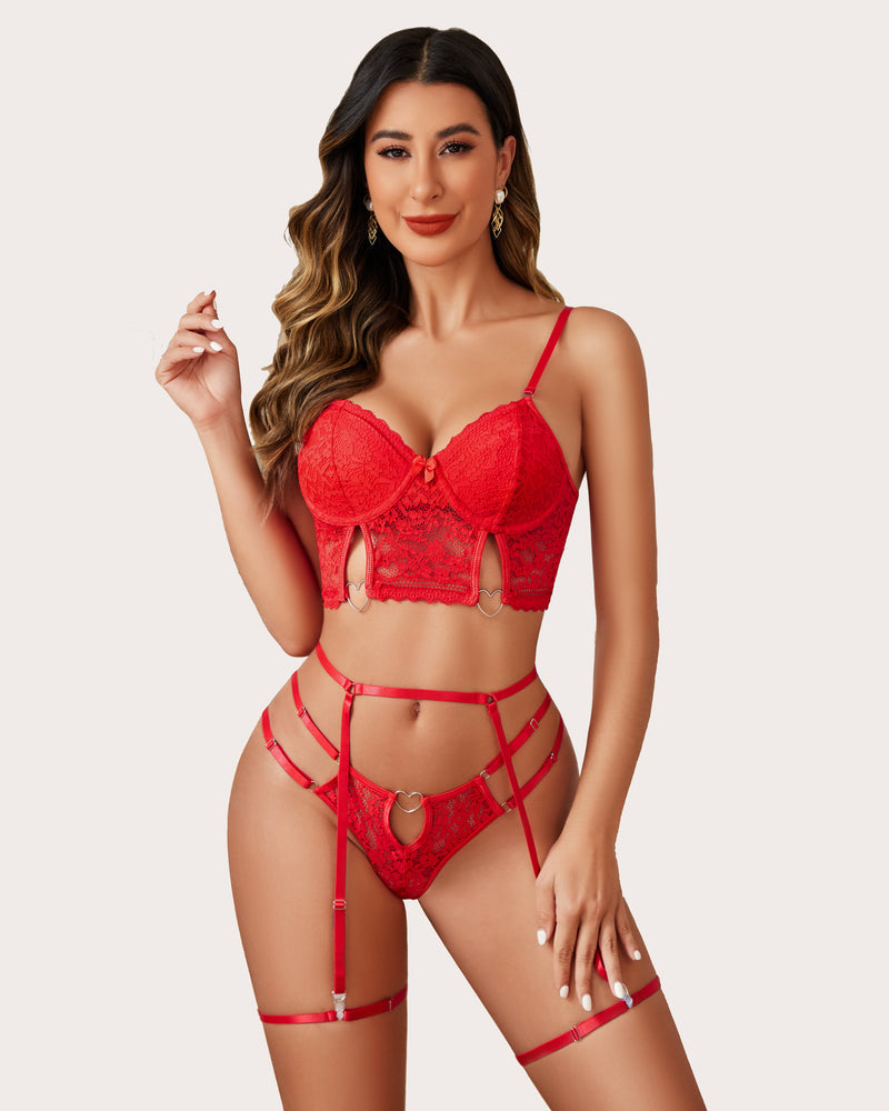 Red lace push-up lingerie set with heart details; confident and sexy look, floral lace