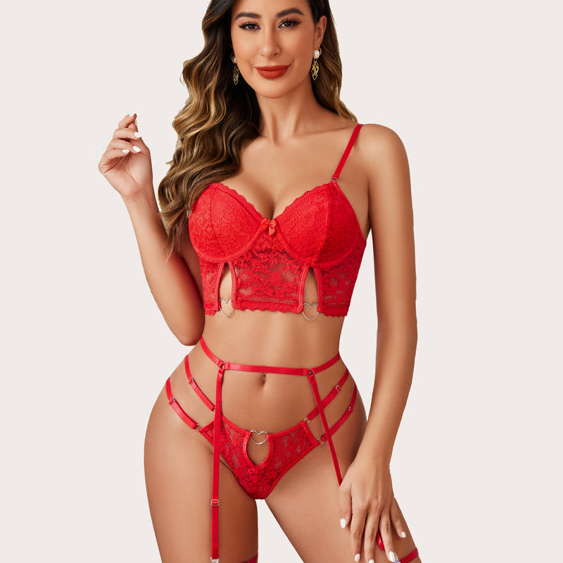 Red floral lace lingerie set with push-up bra, garter belt & heart details. Avidlove sexy lingerie.