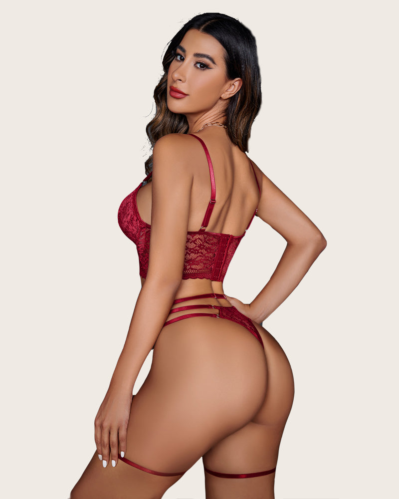 Red lace push-up lingerie set, featuring garter belt and thong. Confident and sexy look.