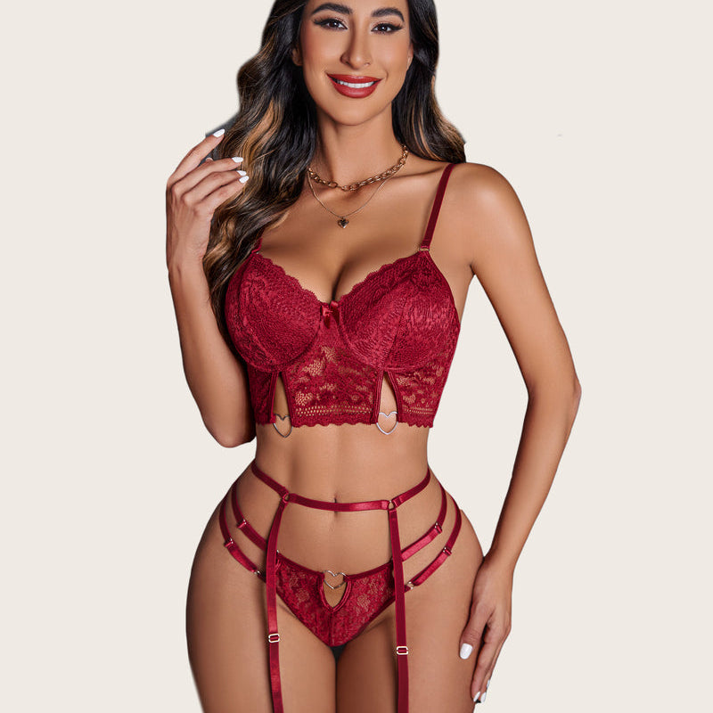 Red lace lingerie set with heart details; push-up bra, garter belt, and thong. Sexy style.