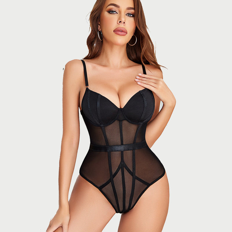 Black snap crotch bodysuit with underwire, mesh, and high leg cut for women; sexy lingerie