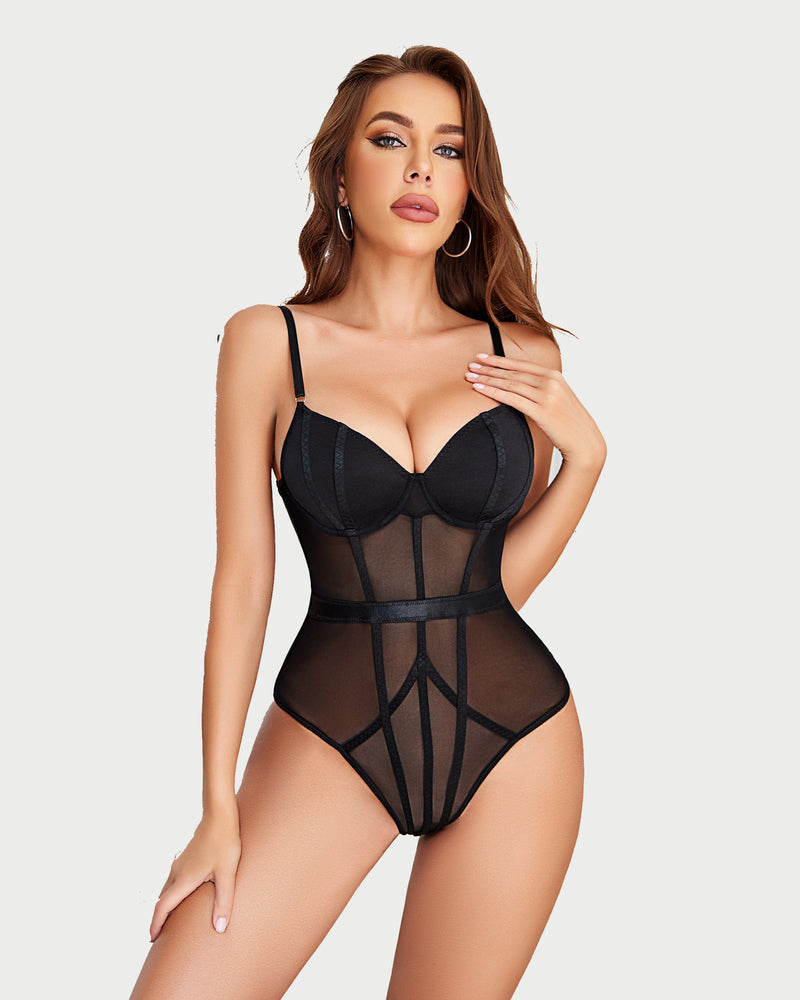 Black snap crotch bodysuit with underwire, mesh, and high leg cut for women; sexy lingerie