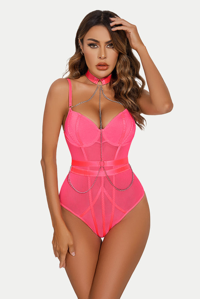 Hot pink snap crotch bodysuit with a choker chain, underwire, and mesh patchwork, sexy lingerie.