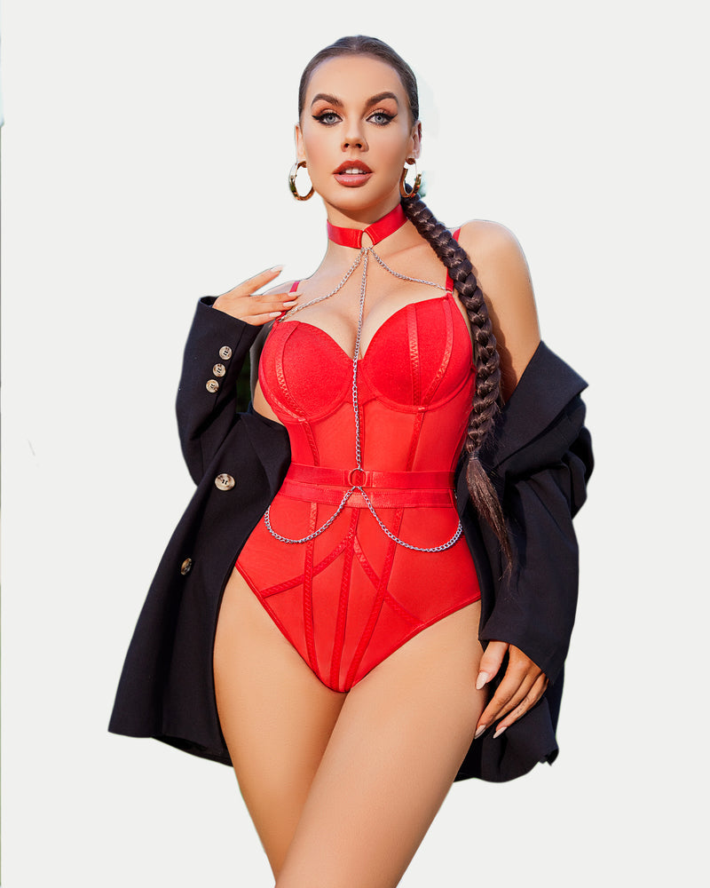 Red snap crotch bodysuit with choker chain, underwire, and mesh patchwork for women