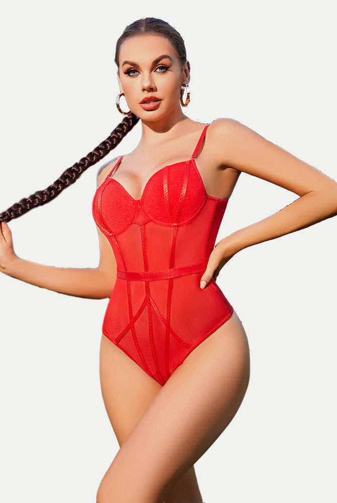 Red underwire bodysuit with mesh patchwork, perfect for Valentine's Day or boudoir shoot