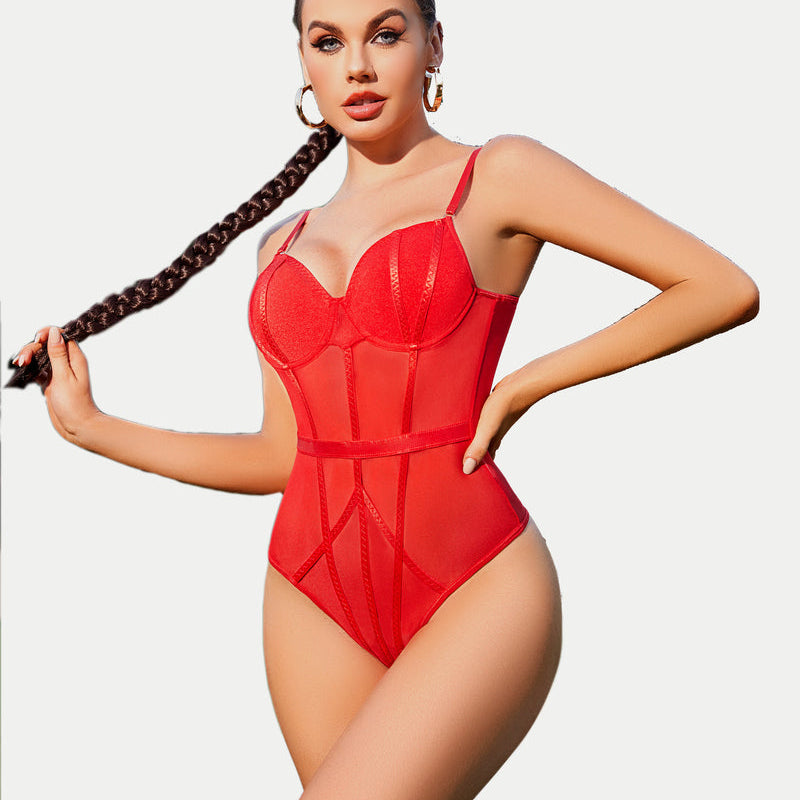Red underwire bodysuit with mesh patchwork, perfect for Valentine's Day or boudoir shoot