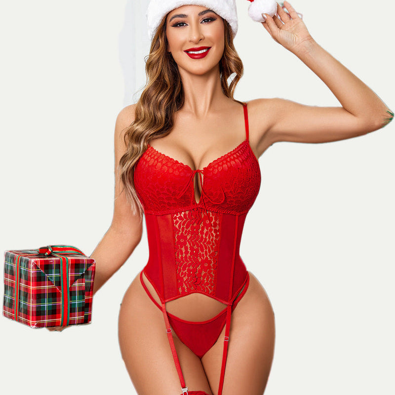 Avidlove red lace garter lingerie with Santa hat, adjustable straps, and holiday gift.