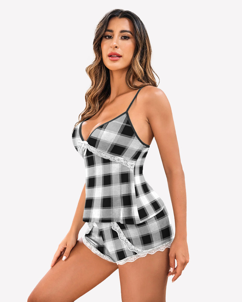 Black and white plaid pajama set with lace trim, comfortable women's sleepwear