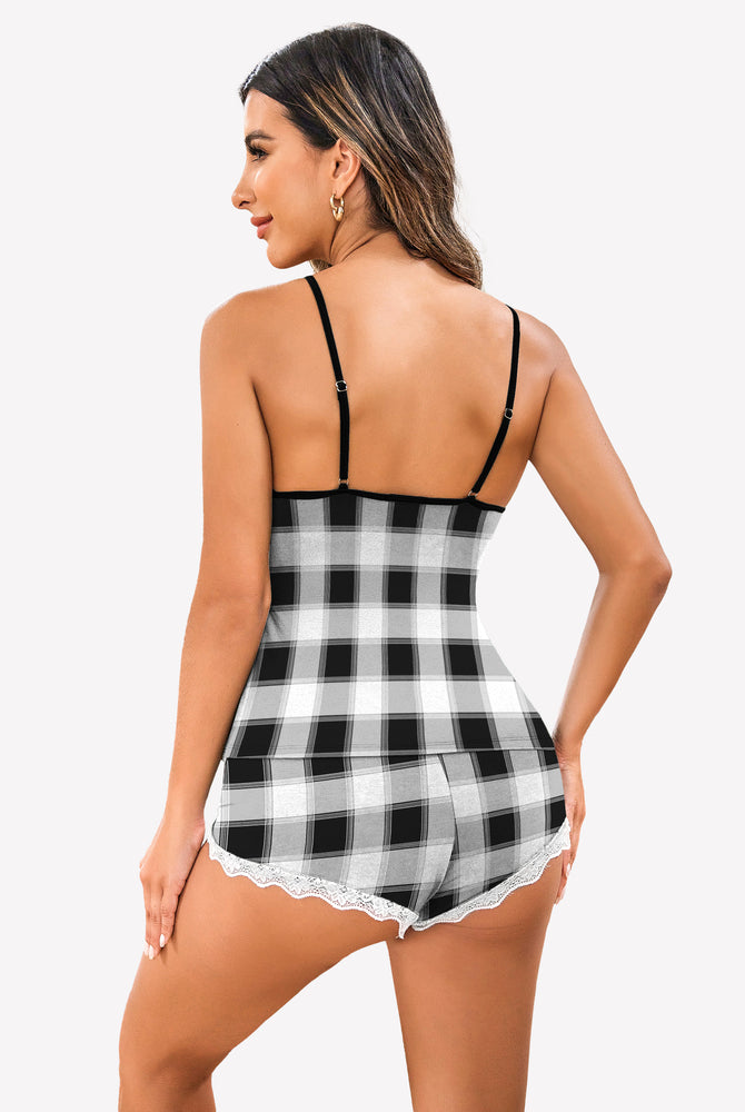Avidlove plaid pajama set, featuring lace trim cami top and shorts, comfortable sleepwear for women