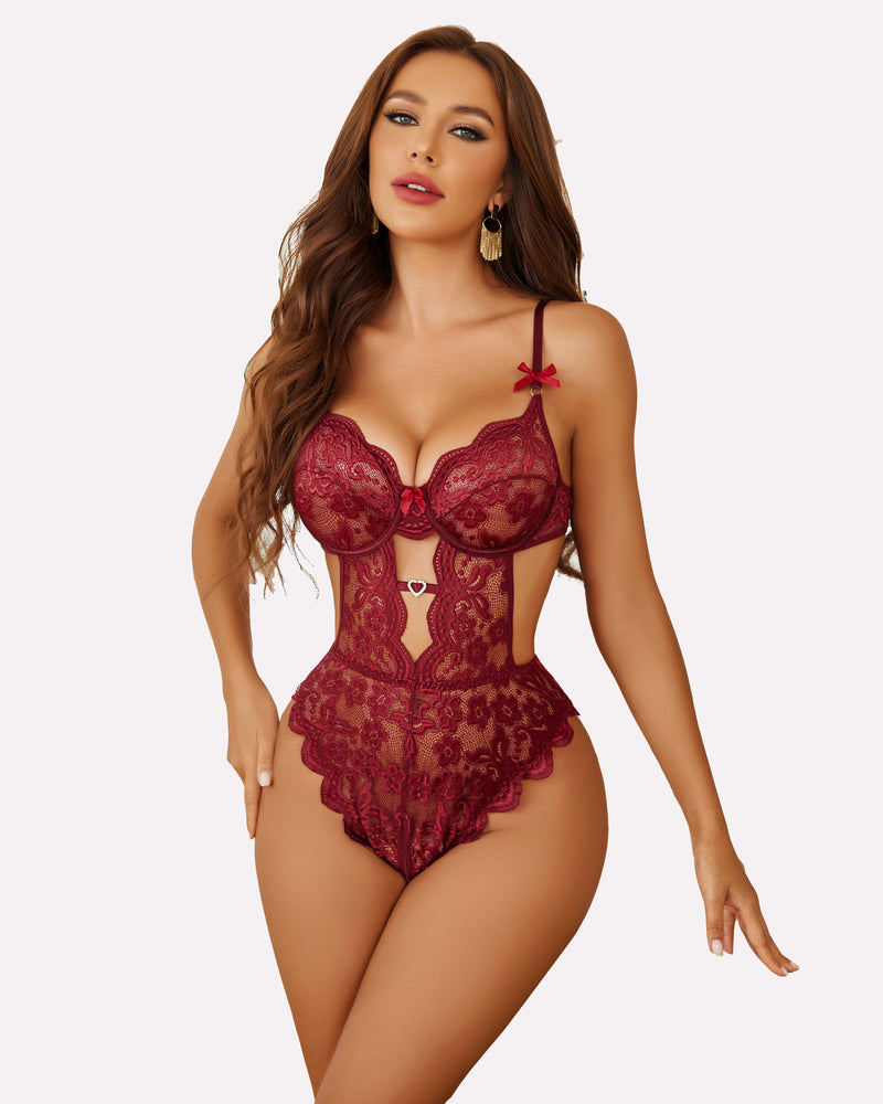 Burgundy floral lace bodysuit, adjustable straps, heart decor lingerie, sexy Avidlove lingerie set.