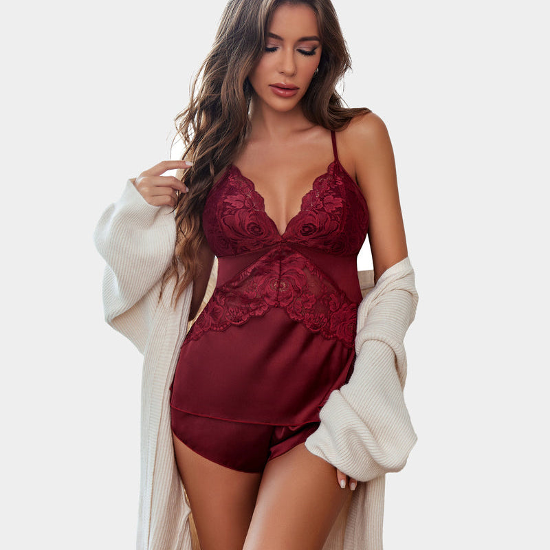 Burgundy satin pajama set with lace detail. Comfortable silky sleepwear for women.