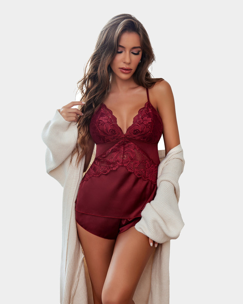 Burgundy satin pajama set with lace detail. Comfortable silky sleepwear for women.