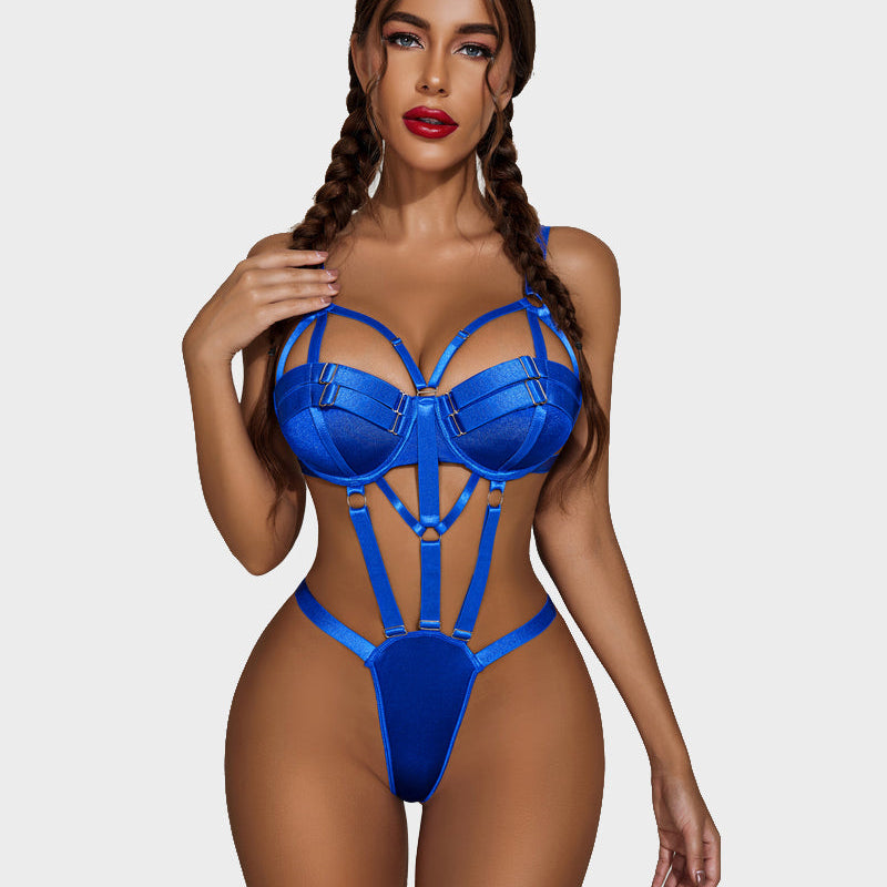Blue push-up teddy lingerie with adjustable straps, for special occasions.