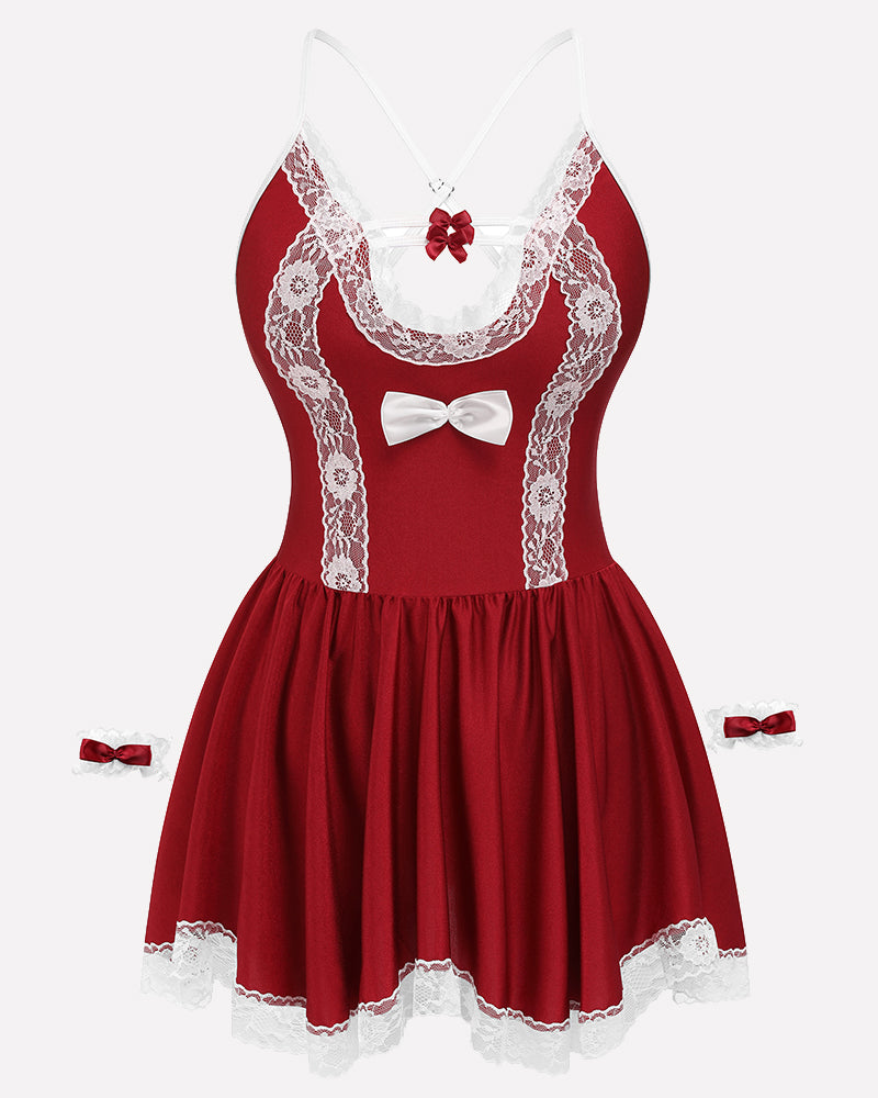 Red mesh lace roleplay nightwear set with white trim and bows, offering a sexy look for roleplay.