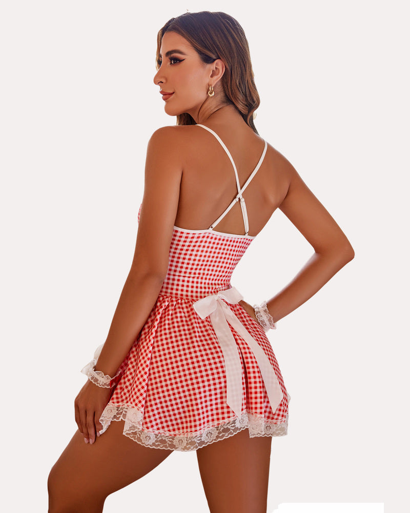Red gingham roleplay nightwear with white lace trim, bow, and cuffs, for a sexy look, from Avidlove