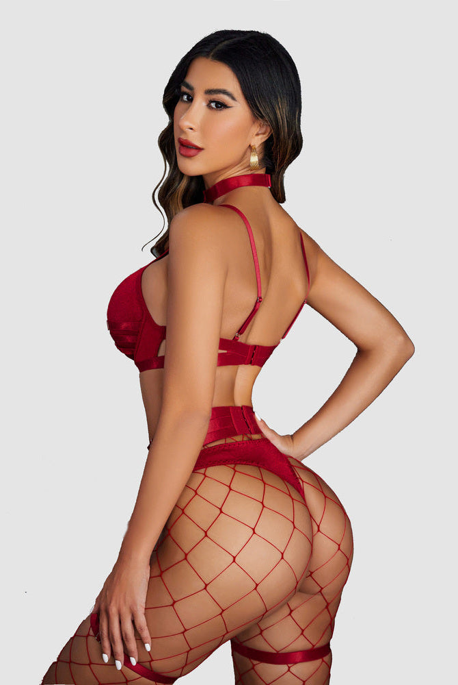 Red Bondage Lingerie Set with cut-out bra, garter belt, and thigh bands. Shows curves beautifully.